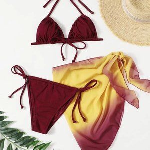 3pc Halter Bikini Swimsuit & Mesh Cover Up, Ombre